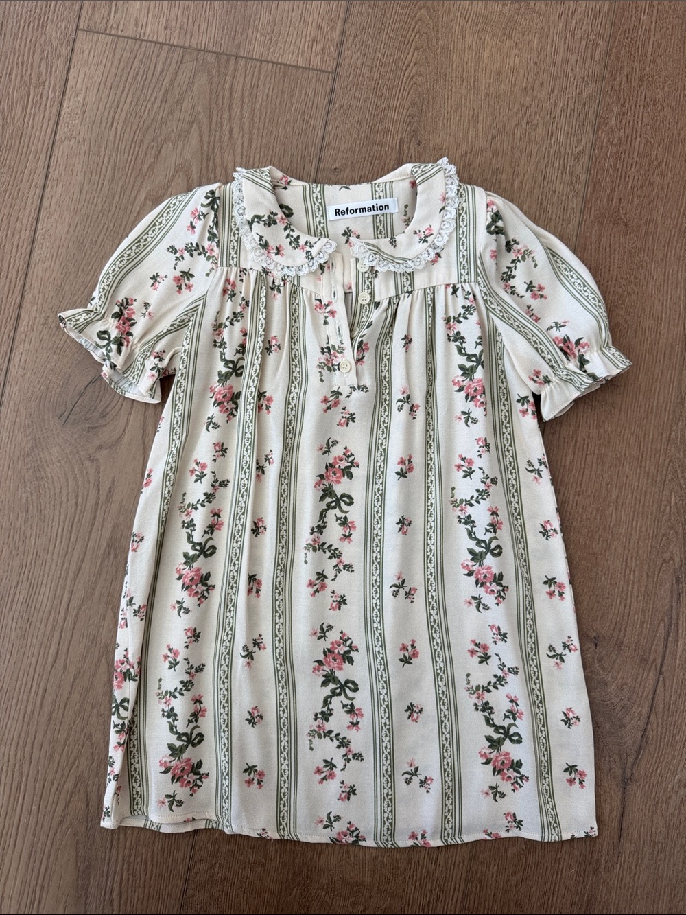 Reformation Cream Dress with Pink Floral Stripe and Peter Pan Collar